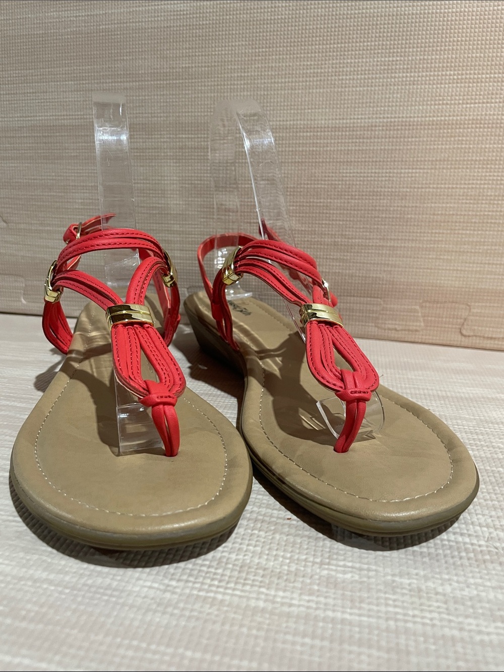East 5th Coral Strappy Flat Sandals with Gold Accents